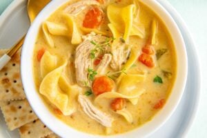 A bowl of rich and creamy chicken noodle soup with egg noodles with crackers and a spoon on the side.