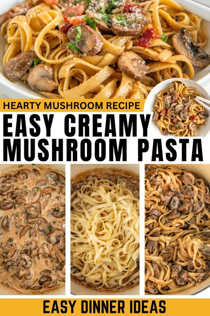 Creamy mushroom pasta being prepared in a large pot and served in a bowl with a fork.