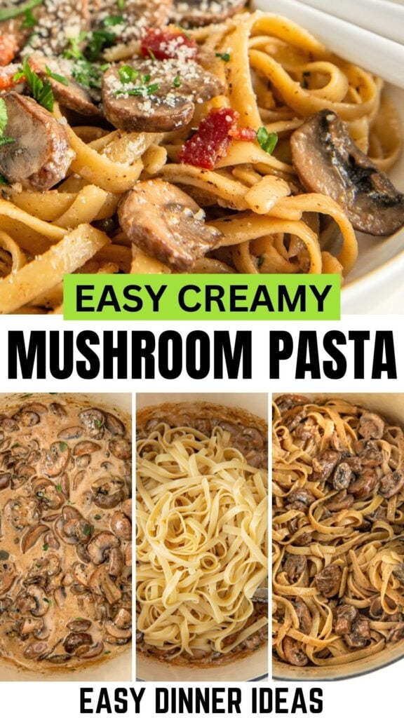 A bowl of creamy mushroom pasta with bacon on top in a bowl with a fork on the side and the mushroom pasta recipe being prepared in a pot.