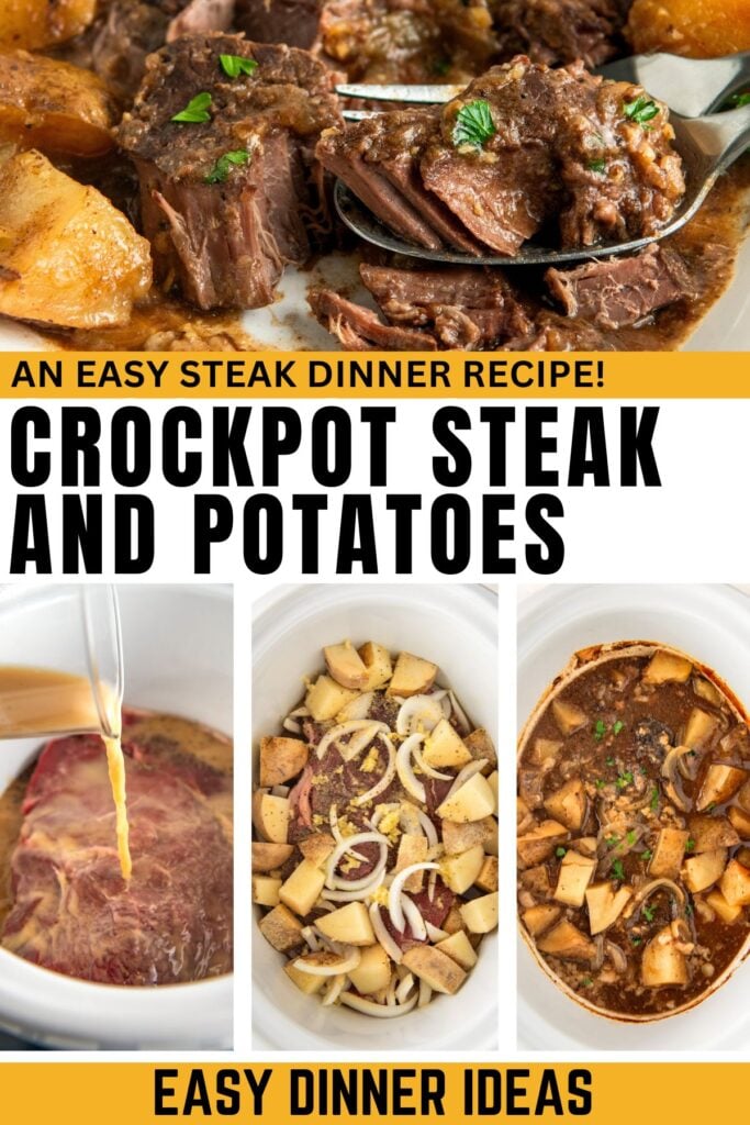 Crockpot steak and potatoes is cooked in the slow cooker and served on a plate.