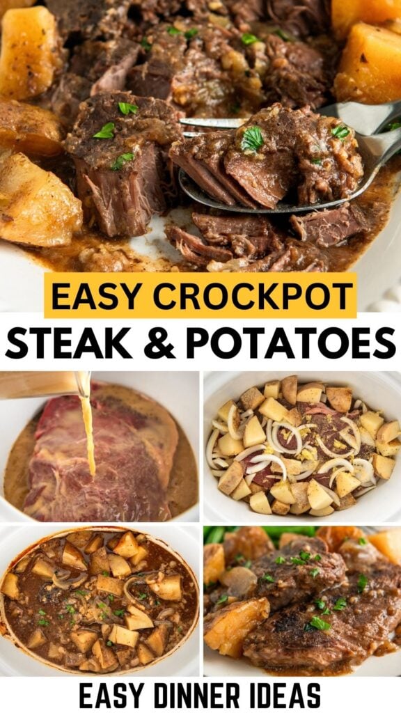 Easy crockpot steak and potatoes is prepared in the slow cooker.