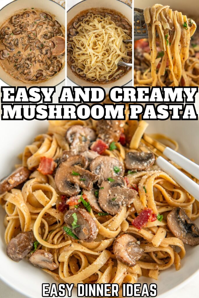 Creamy mushroom pasta being prepared in a large pot and then served in a bowl.