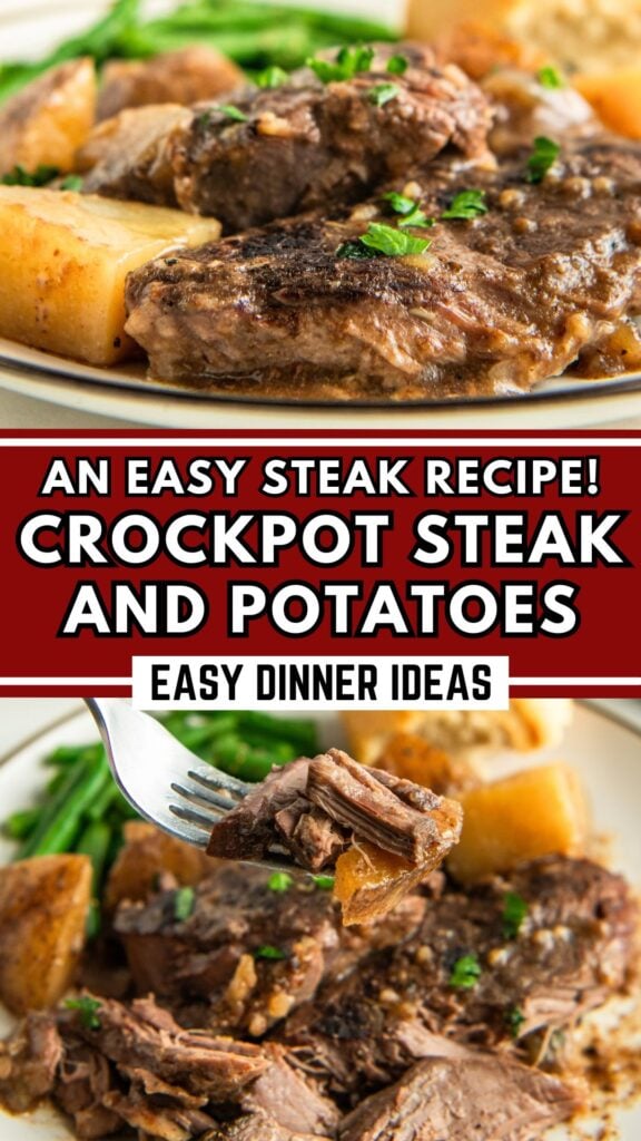 Slow cooker steak and potatoes recipe served with side dishes.