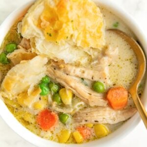 A spoon is placed in a bowl filled with creamy chicken pot pie soup.