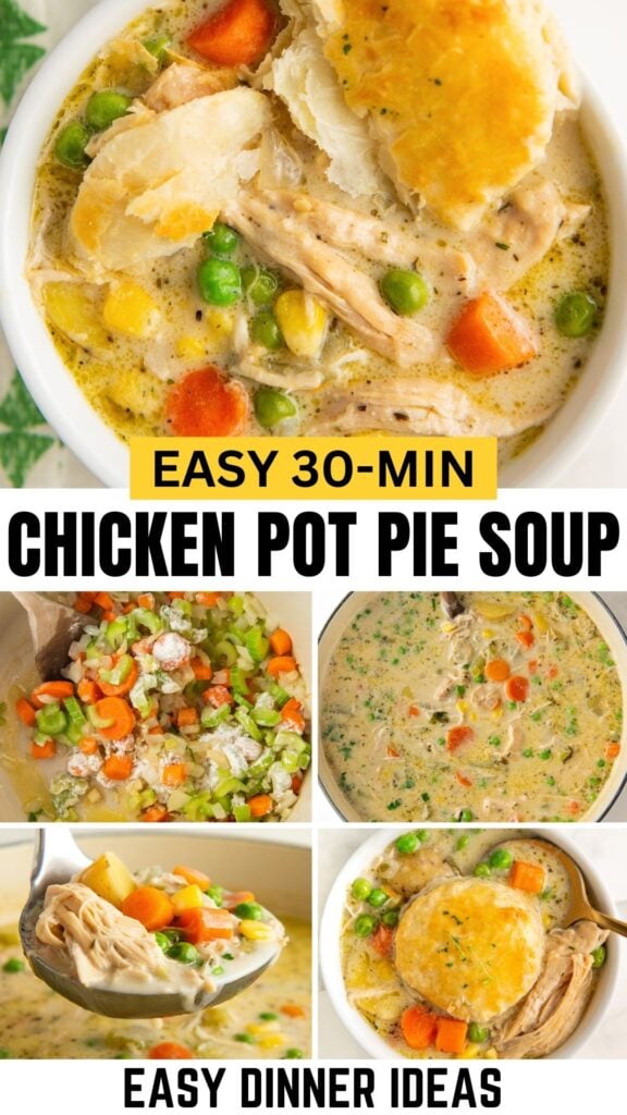 Easy 30 minute chicken pot pie soup recipe prepared in a dutch oven.