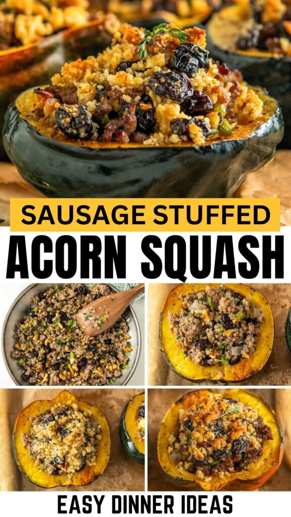 Sausage stuffed acorn squash is assembled and baked.