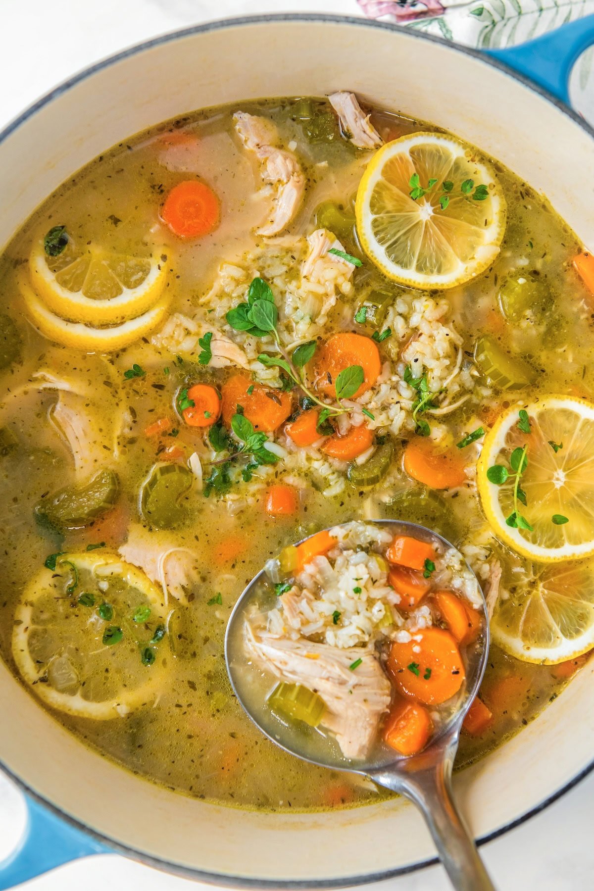 Lemon slices and fresh herbs garnish a large pot of soup.