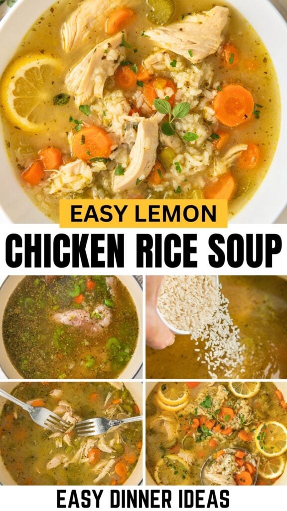 Easy lemon chicken rice soup is prepared in a dutch oven and served in a white bowl.