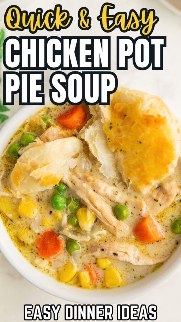 Easy chicken pot pie soup presented in a white bowl.