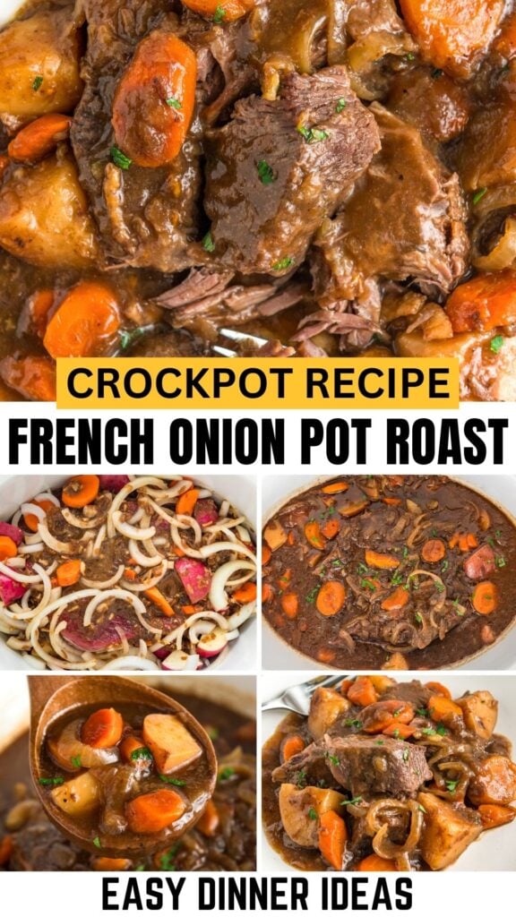 Slow cooker pot roast french onion soup mix recipe prepared in a Crockpot.