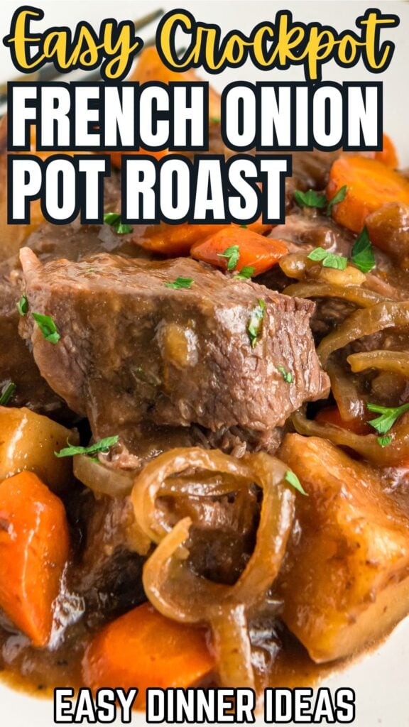 Tender French onion pot roast prepared in a crockpot.