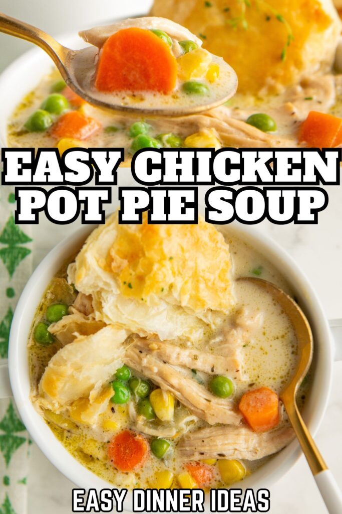 Chicken pot pie soup with puff pastry biscuits is served in a white bowl.