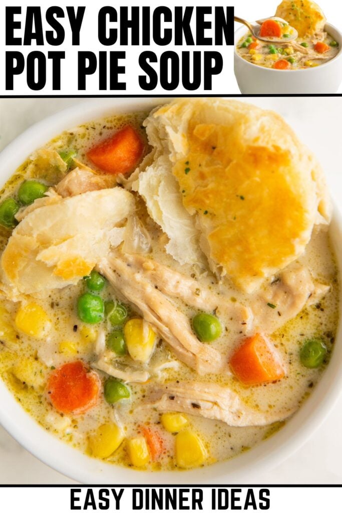 Puff pastry biscuits top a bowl of creamy chicken pot pie soup.