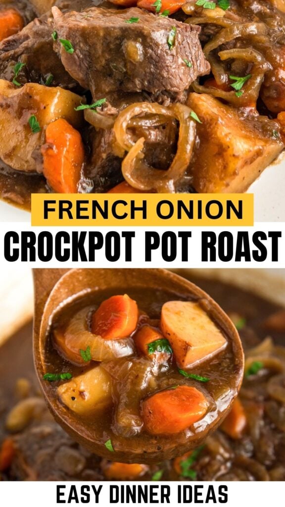 French onion crockpot pot roast lifted with a large wooden ladle.