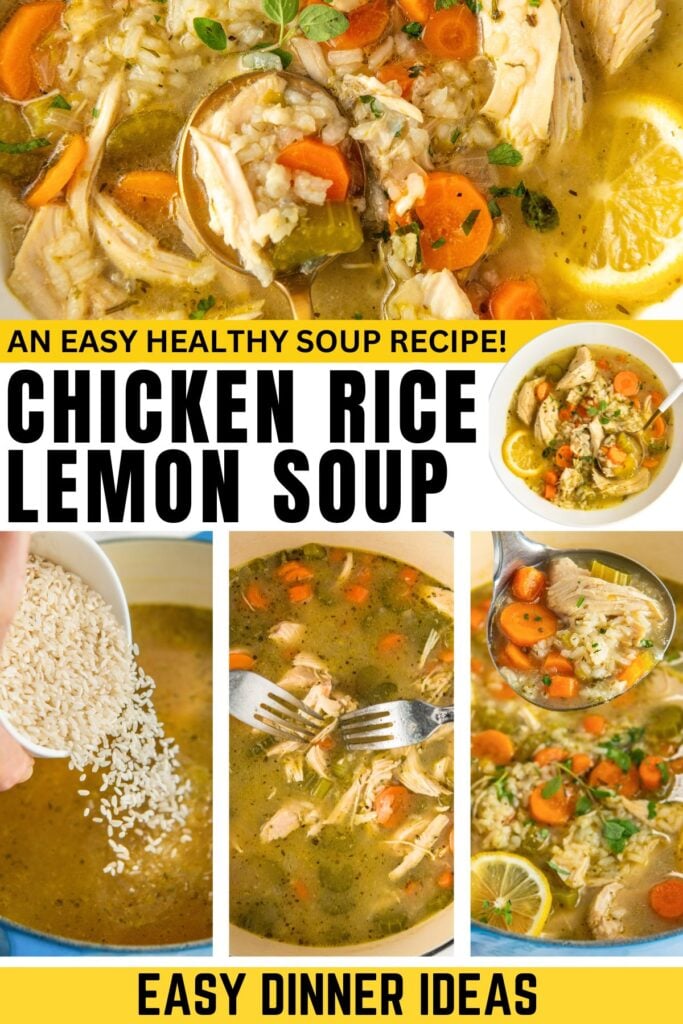 Easy chicken rice lemon soup recipe prepared in a large pot.