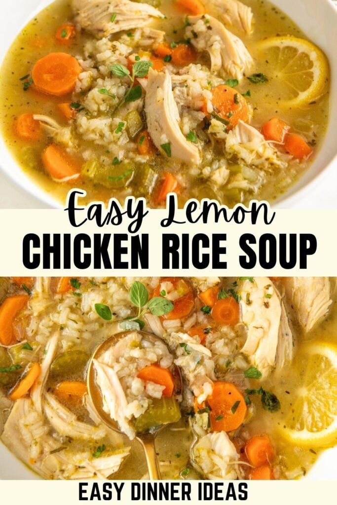 Easy lemon chicken rice soup presented in a white bowl next to a dutch oven.