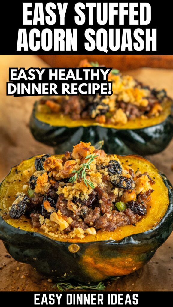 Easy stuffed acorn squash servings on a dark surface.