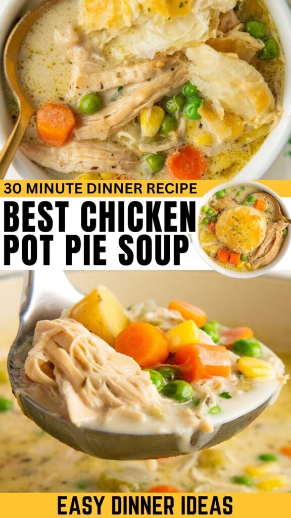 The best chicken pot pie soup is presented in a white bowl next to a ladle.