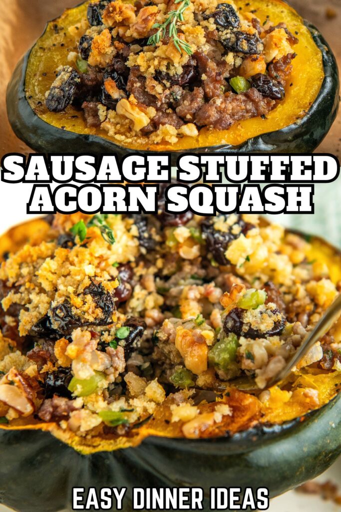 Easy sausage stuffed acorn squash garnished with fresh herbs.