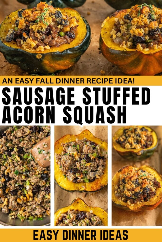 Sausage stuffed acorn squash recipe prepared on a baking sheet.