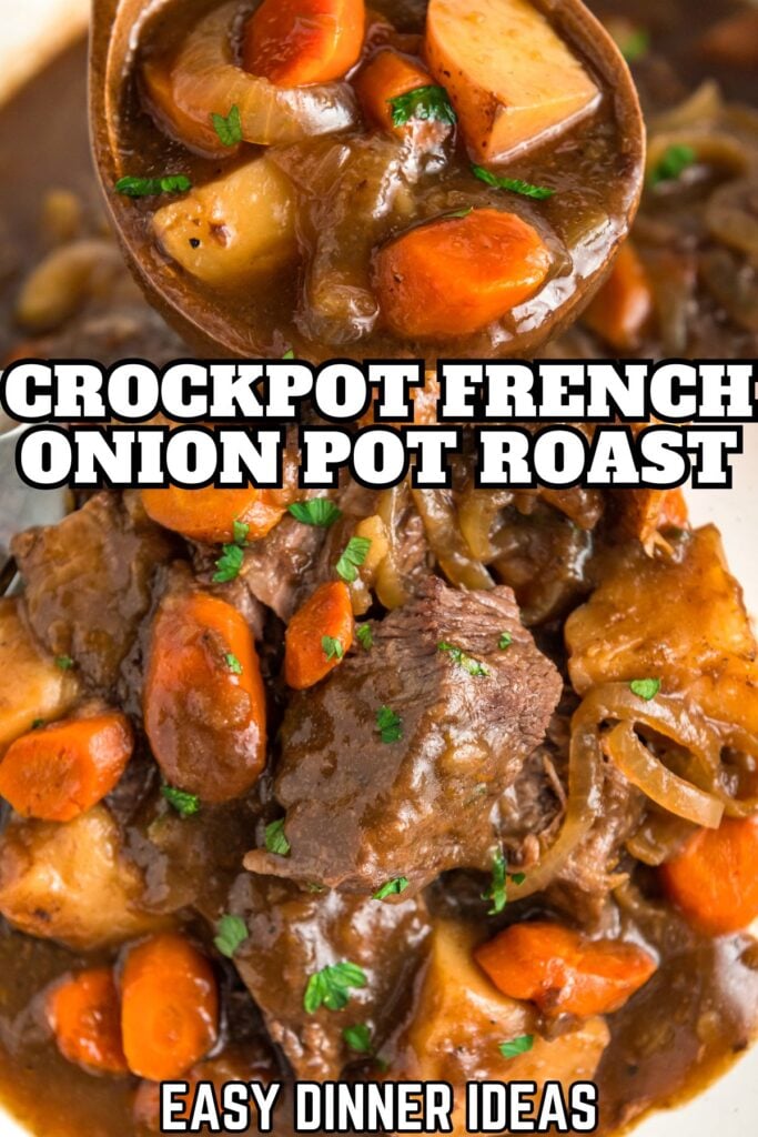 Crockpot French onion pot roast being served with a large ladle.