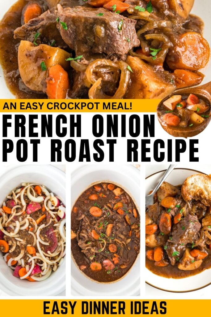 French onion pot roast recipe made in the crockpot.