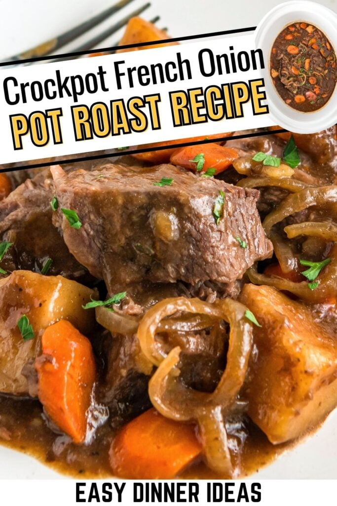 Crockpot French onion pot roast recipe served in a white bowl.