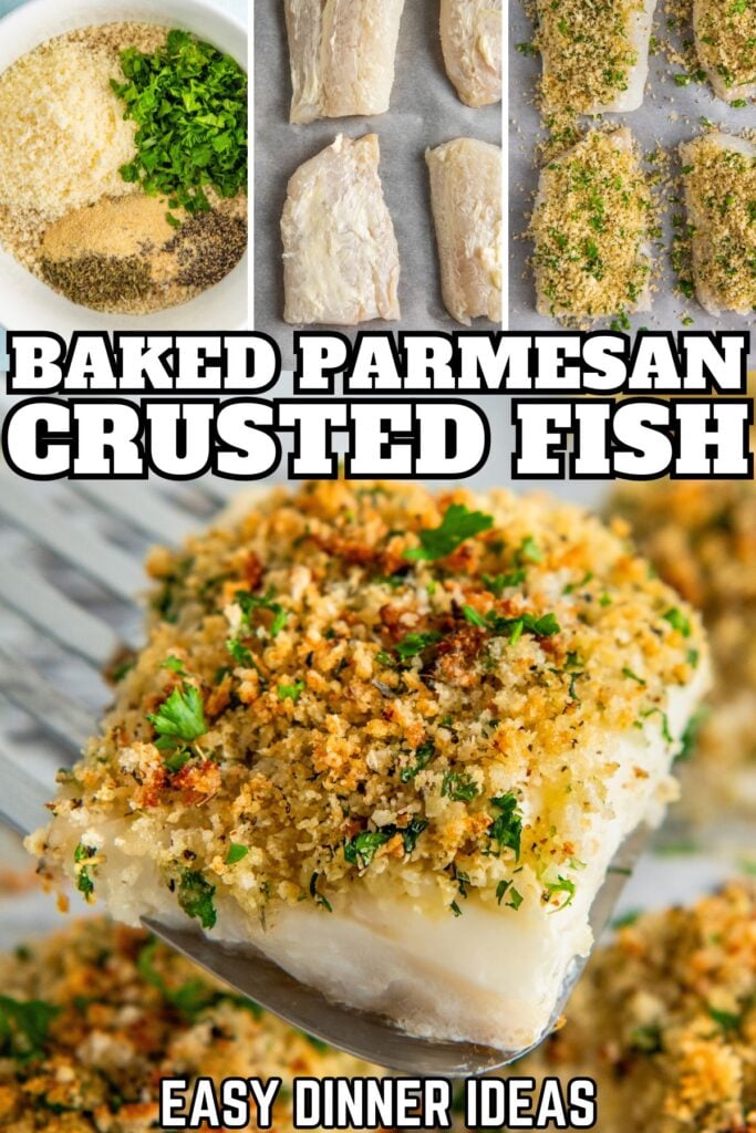 Baked parmesan crusted fish topped with fresh herbs.