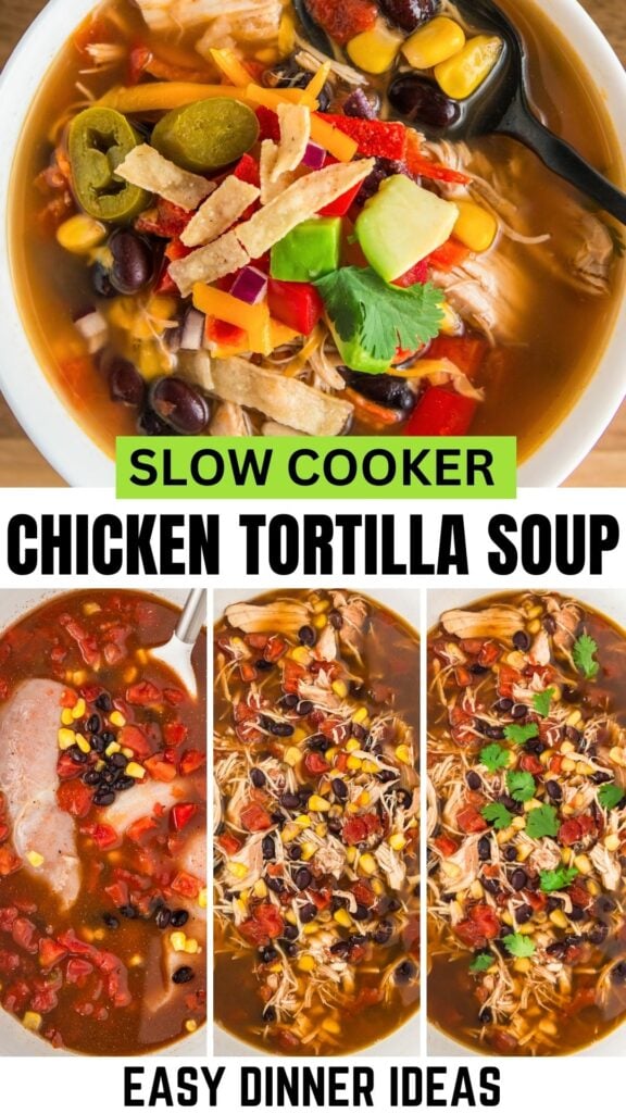 Slow cooker tex Mex chicken soup with tortilla strips and cheese on top.