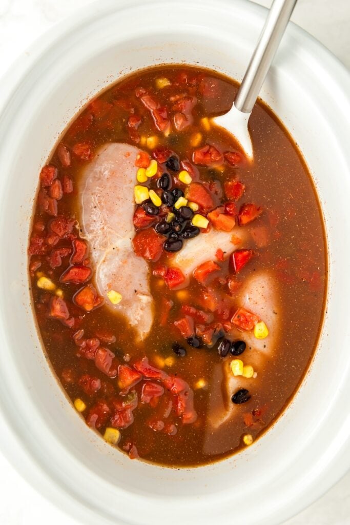 Chicken, broth, corn, beans, and Rotel are in a crockpot.