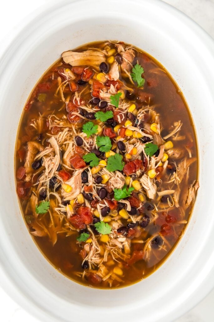 Chicken tortilla soup in the slow cooker is garnished with fresh cilantro.