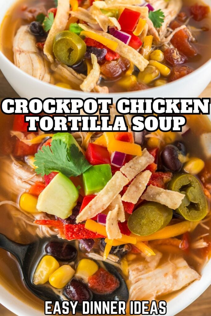 Tortilla chicken soup fully garnished in a white bowl.