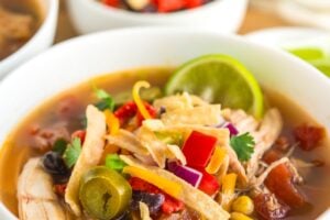 Tex Mex chicken soup topped with tortilla strips, cheese, and fresh veggies.