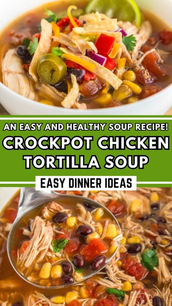 Easy crockpot chicken tortilla soup recipe served in a white bowl next to a ladle scooping some out of the slow cooker.