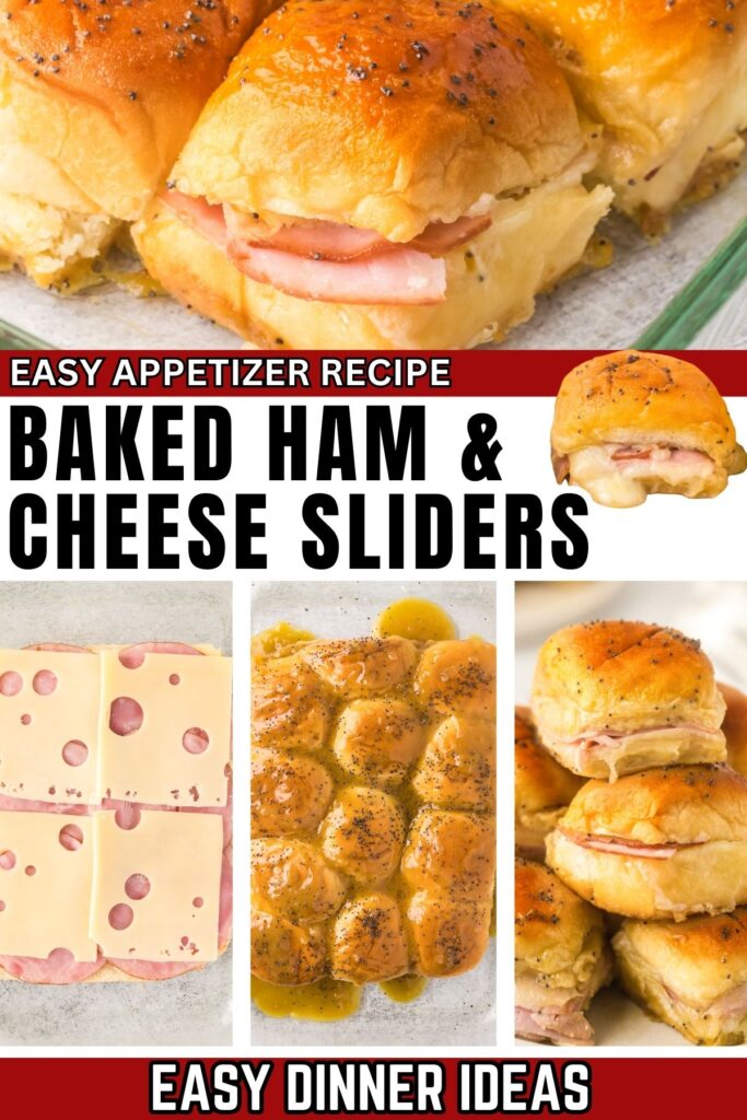 Ham and cheese sliders are assembled in a baking dish, baked, and served warm.