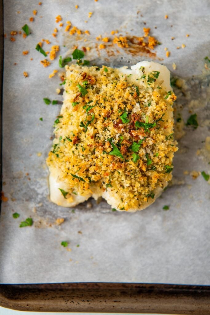 Baked cod topped with golden breadcrumbs.