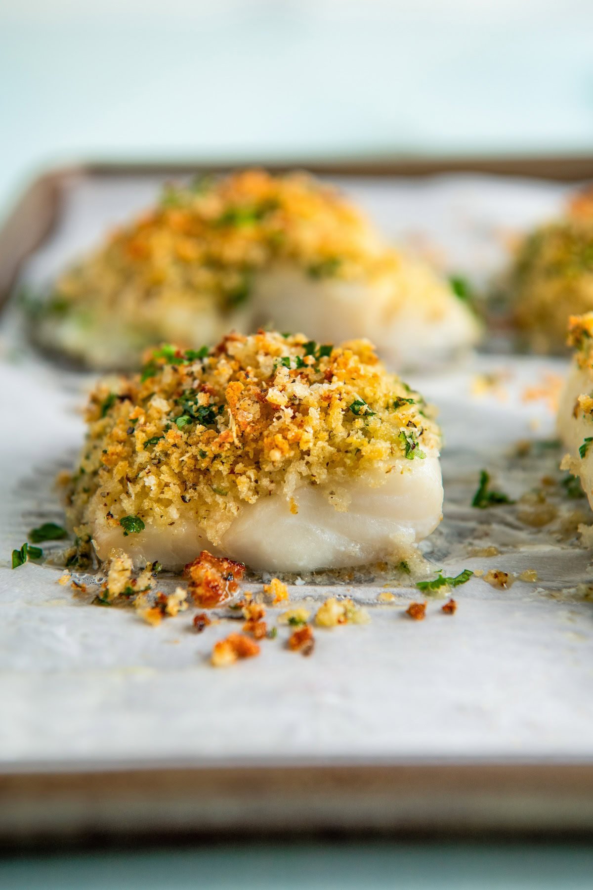 Flaky parmesan crusted cod on a baking sheet lined with parchment paper.