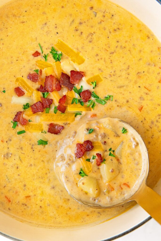 A ladle is lifting a portion of cheesy soup from a pot.