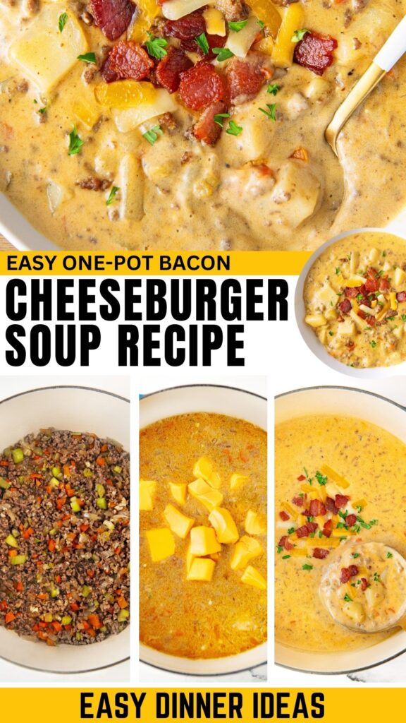 One pot bacon cheeseburger soup recipe prepared in simple steps.