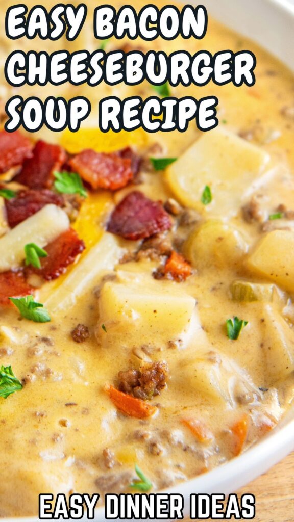 Cheese burger soup with bacon served in a white bowl.