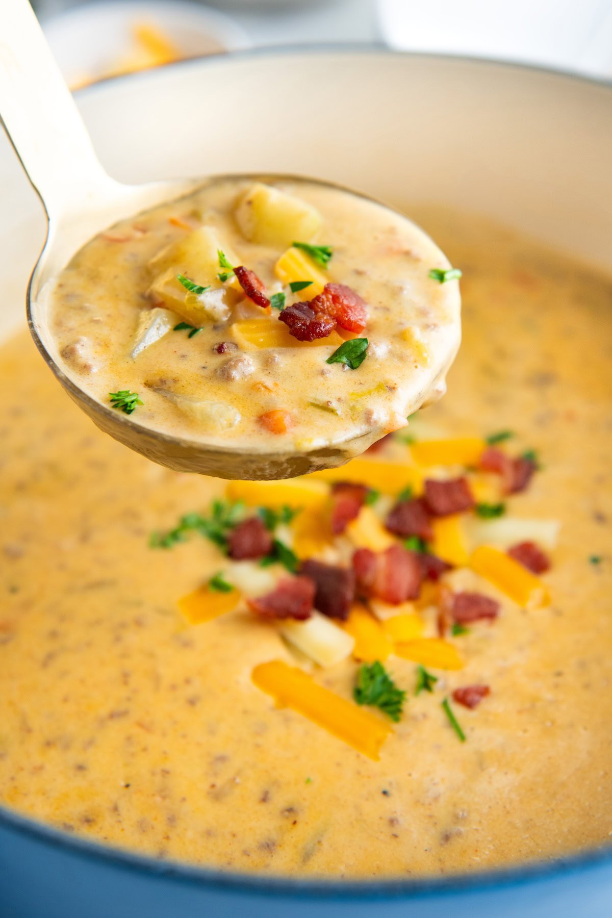 A large ladle of soup is being lifted above a full pot.
