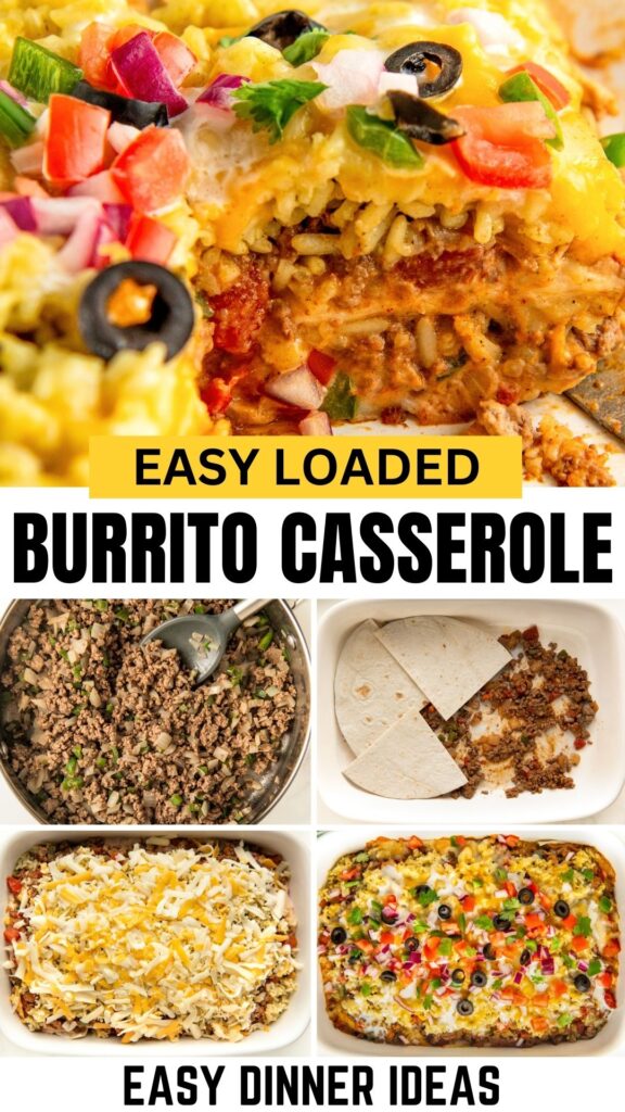 Loaded burrito casserole recipe assembled in a baking dish.