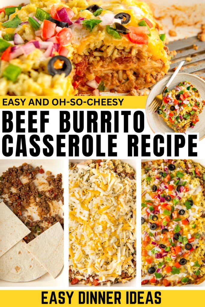 Beef burrito casserole is layered in a large casserole dish.