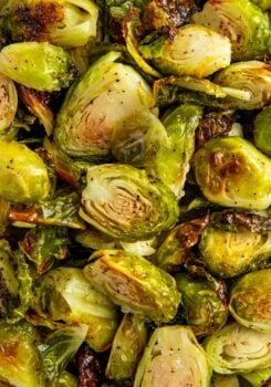 Tender roasted brussels sprouts are lightly browned from the oven.