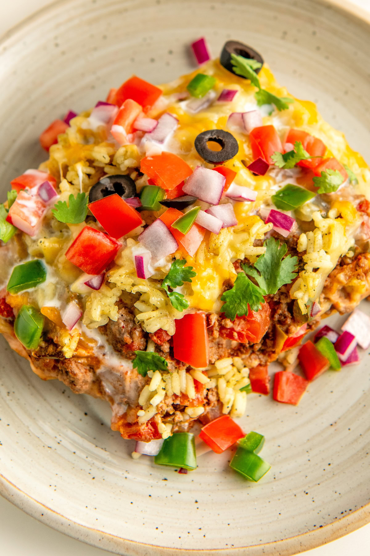 Fresh chopped garnishes spread across the top of a single serving of casserole.