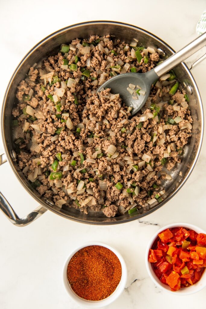 Ground beef mixture in a large skillet.