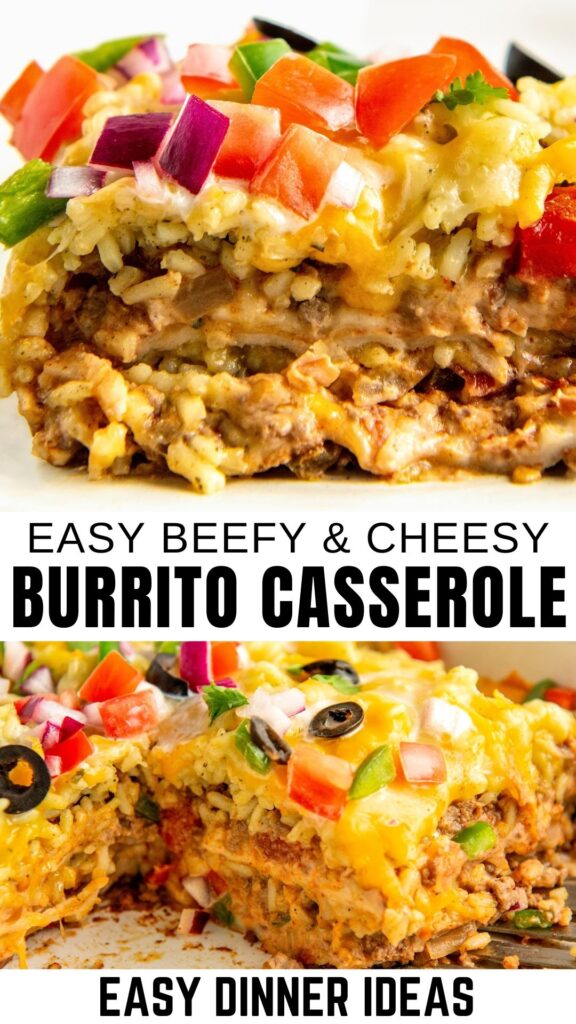 Beefy loaded burrito casserole topped with onions, tomatoes, and black olives.