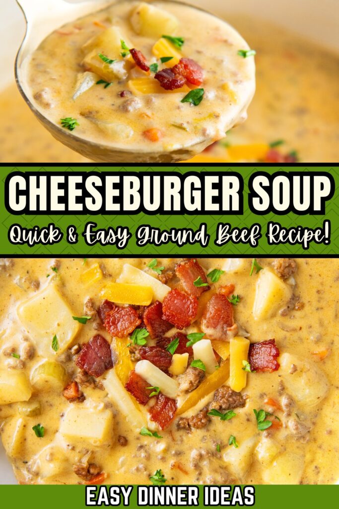 Creamy, cheesy burger soup is served out of a large pot.