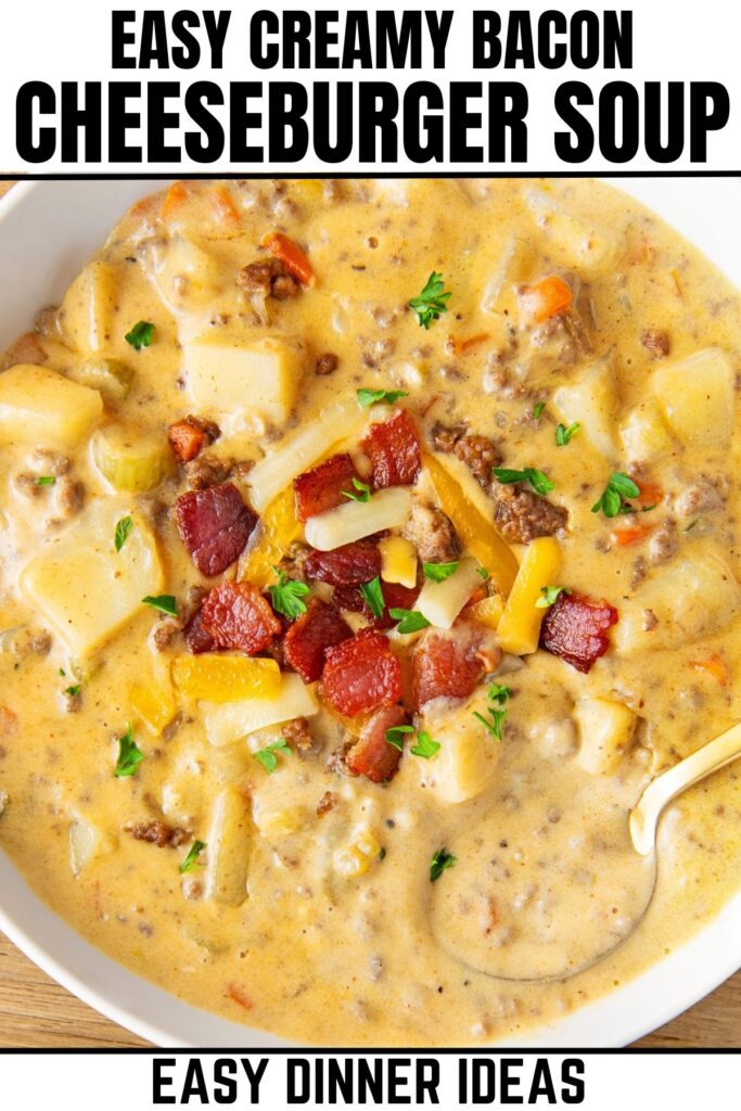 Creamy cheeseburger soup topped with lots of bacon, cheese, and fresh chives.
