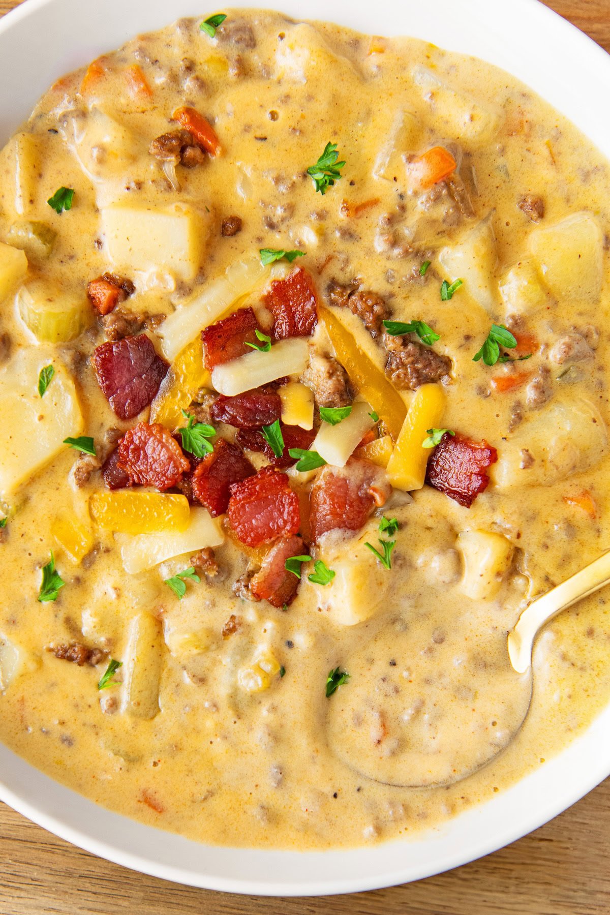 A spoon is placed in a hearty bowl of burger soup.